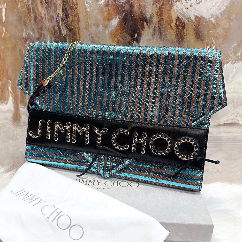jimmy choo kaja patchwork python leather shoulder bag... Jimmy Choo Large Blue Metallic Python Chain Logo Conv… - Gem